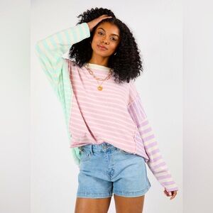 NWOT PINK LILY Kind Hearts Colorblock Striped Sweater MINT/PINK/PURPLE Size XL